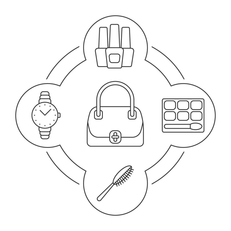 set di icone lineari del contenuto della borsa da donna. bottiglie di smalto per unghie, ombretto, spazzola per capelli, orologio da polso. illustrazioni vettoriali isolate