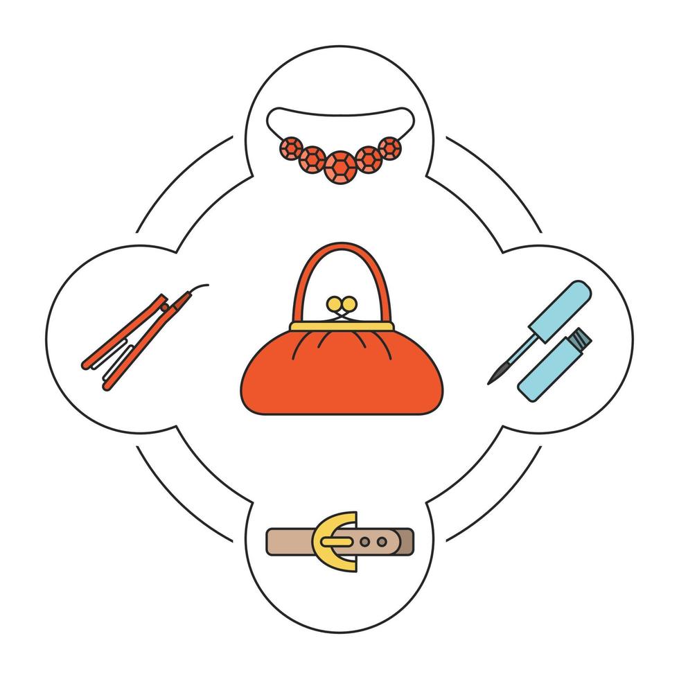 set di icone di colore del contenuto della borsa da donna. lucidalabbra, piastra per capelli, cintura in pelle, collana. illustrazioni vettoriali isolate