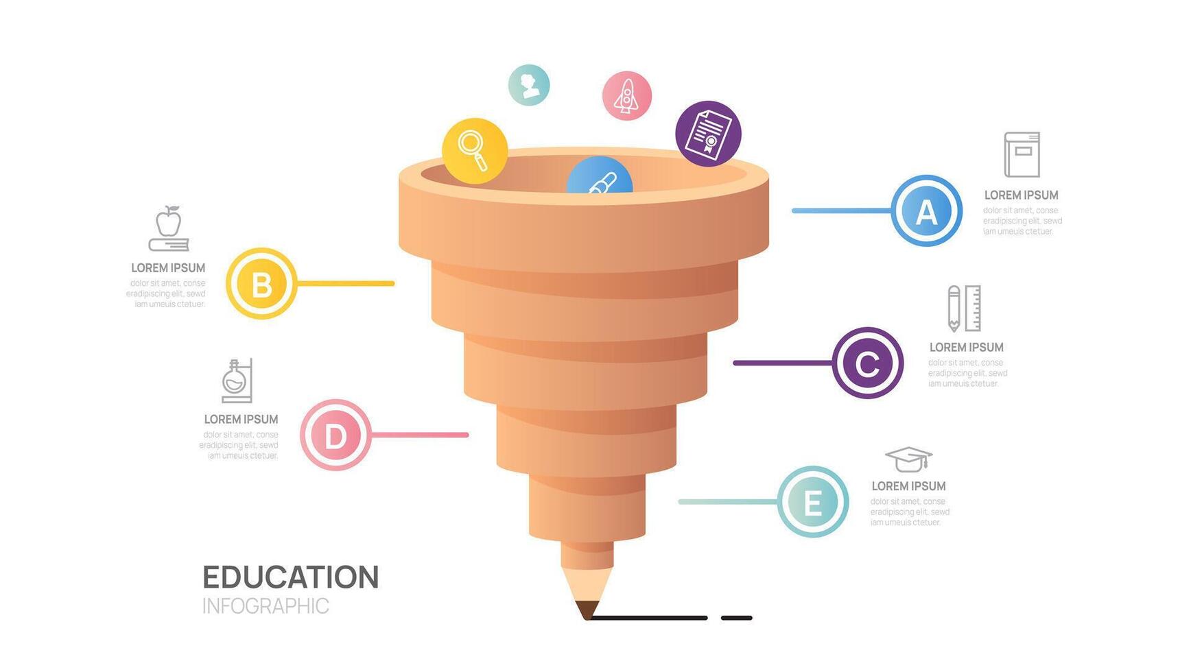 Infografica formazione scolastica matita imbuto diagramma modello. moderno sequenza temporale in entrata fare un passo, presentazione infografica. vettore