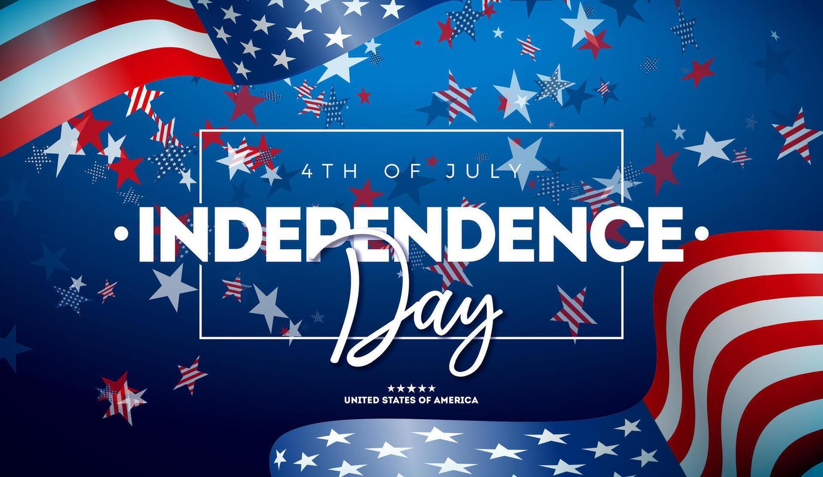 4 ° di luglio indipendenza giorno di il Stati Uniti d'America illustrazione con americano bandiera e caduta coriandoli su buio blu sfondo. il quarto di luglio nazionale celebrazione design con tipografia lettera per vettore