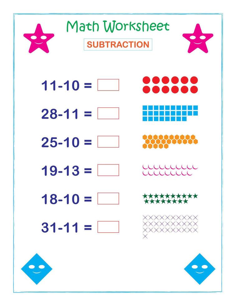 matematica foglio di lavoro sottrazione per bambini vettore