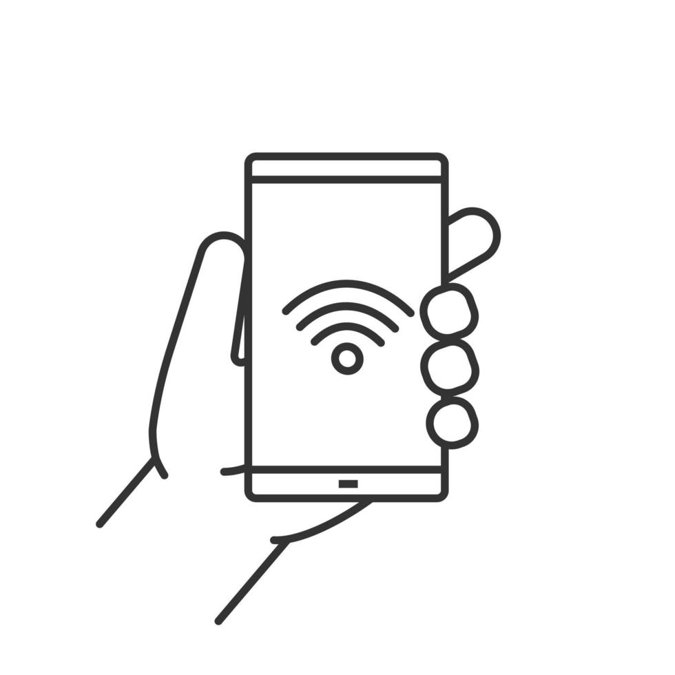 mano che tiene l'icona lineare dello smartphone. illustrazione di linea sottile. simbolo del contorno della connessione wifi dello smartphone. disegno vettoriale isolato contorno