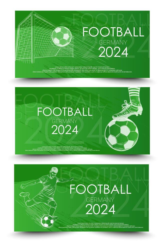 calcio o calcio 2024 orizzontale sociale media bandiera modelli impostare. sfera, calcio giocatore e cancello nel grunge stile. calcio sfondo per striscione, carta, sito web. vettore