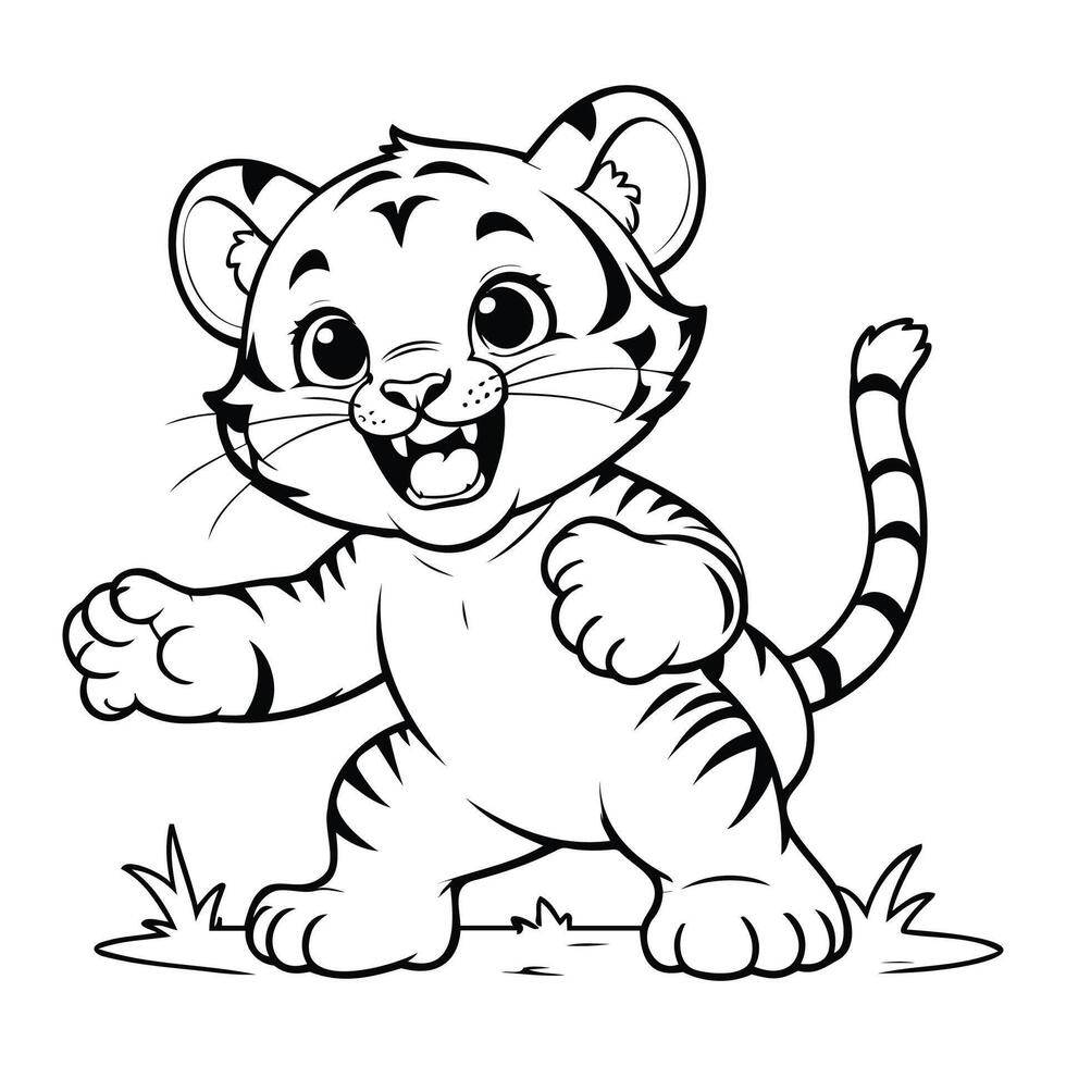 mano schizzo poco tigre in piedi linea arte illustrazione per bambini libro vettore