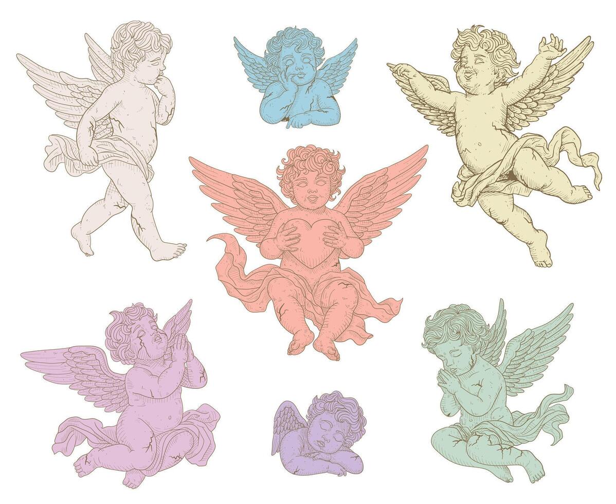 antico angelo bambino Cupido illustrazione, isolato Vintage ▾ cherubino greco statue,retrò poco angeli raccolta, isolata su bianca sfondo vettore