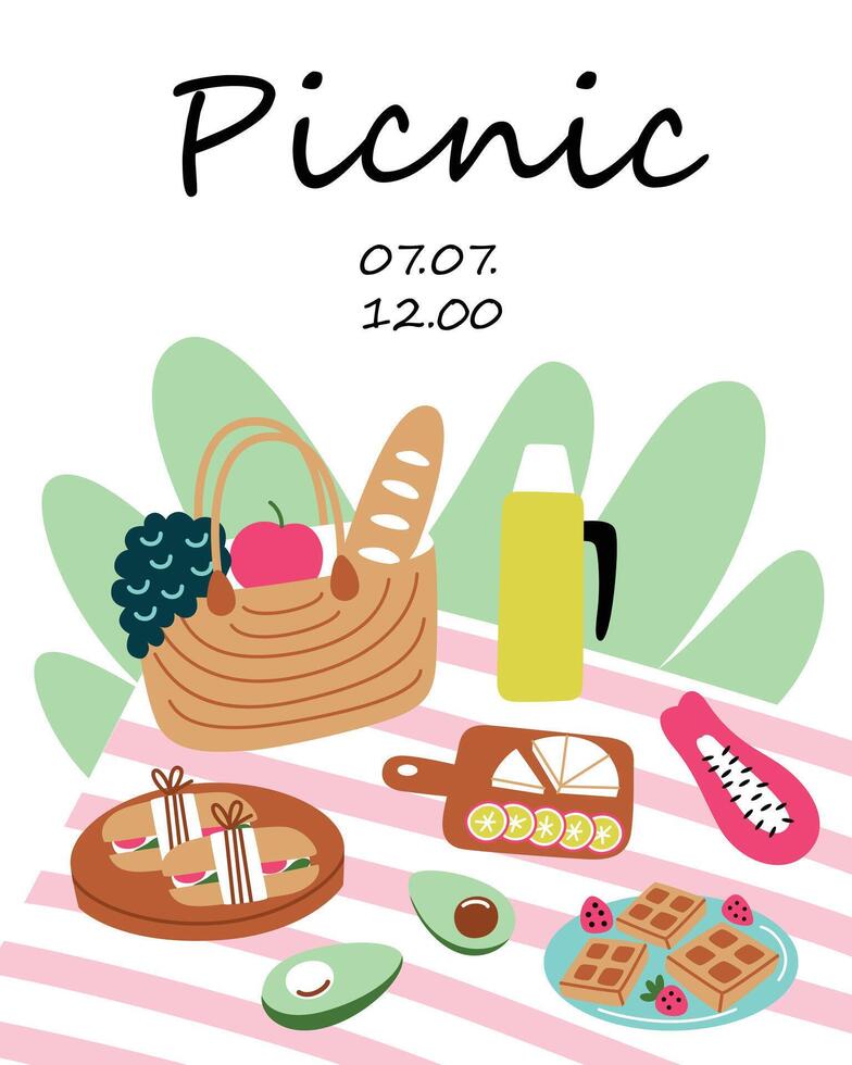 picnic invito carta, cartone animato composizione con coperta e di vimini cestino, glamping scena, cartolina modello con copia spazio, preparativi con picnic cibo, panini, frutta, estate bandiera vettore