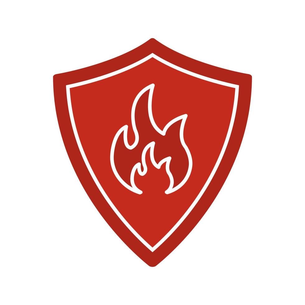 icona del colore del glifo con distintivo dei vigili del fuoco. scudo di protezione con il fuoco. simbolo di sagoma su sfondo bianco. spazio negativo. illustrazione vettoriale