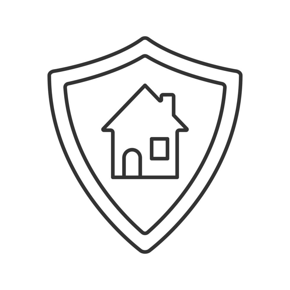 icona lineare di sicurezza immobiliare. illustrazione di linea sottile casa intelligente. scudo di protezione con il simbolo del contorno della casa. disegno vettoriale isolato contorno