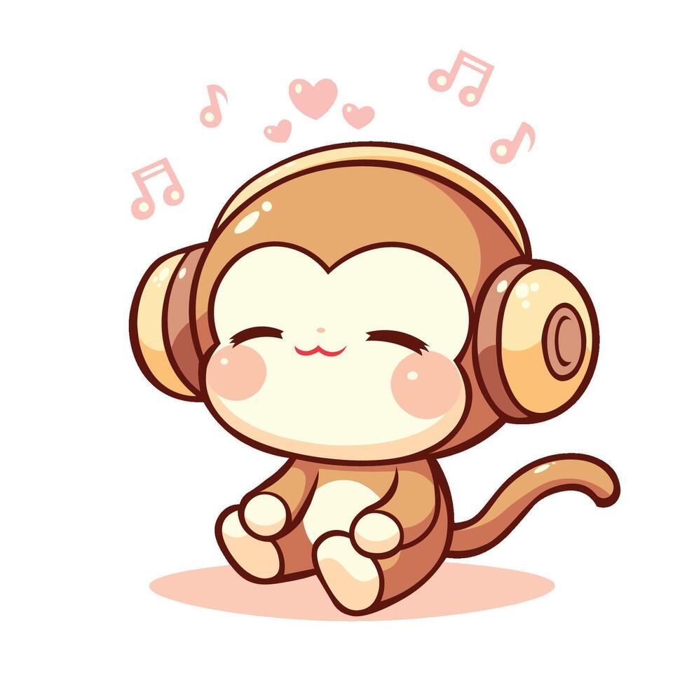 kawaii carino scimmia ascoltando per musica vettore