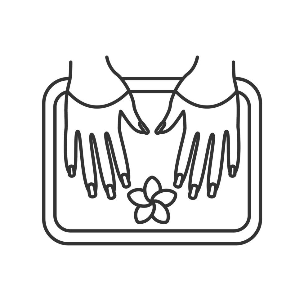 icona lineare del bagno delle unghie del salone della stazione termale. illustrazione di linea sottile. le mani della donna in una ciotola con il simbolo di contorno del fiore di plumeria. disegno vettoriale isolato contorno
