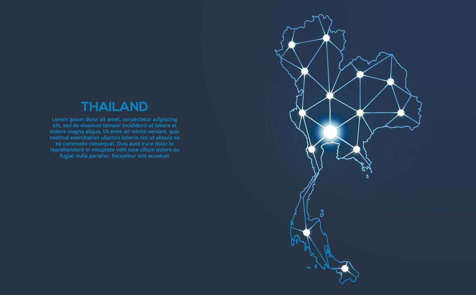 Tailandia comunicazione Rete carta geografica. Basso poli Immagine di un' globale carta geografica con luci nel il modulo di città. carta geografica nel il modulo di un' costellazione, muto e stelle vettore