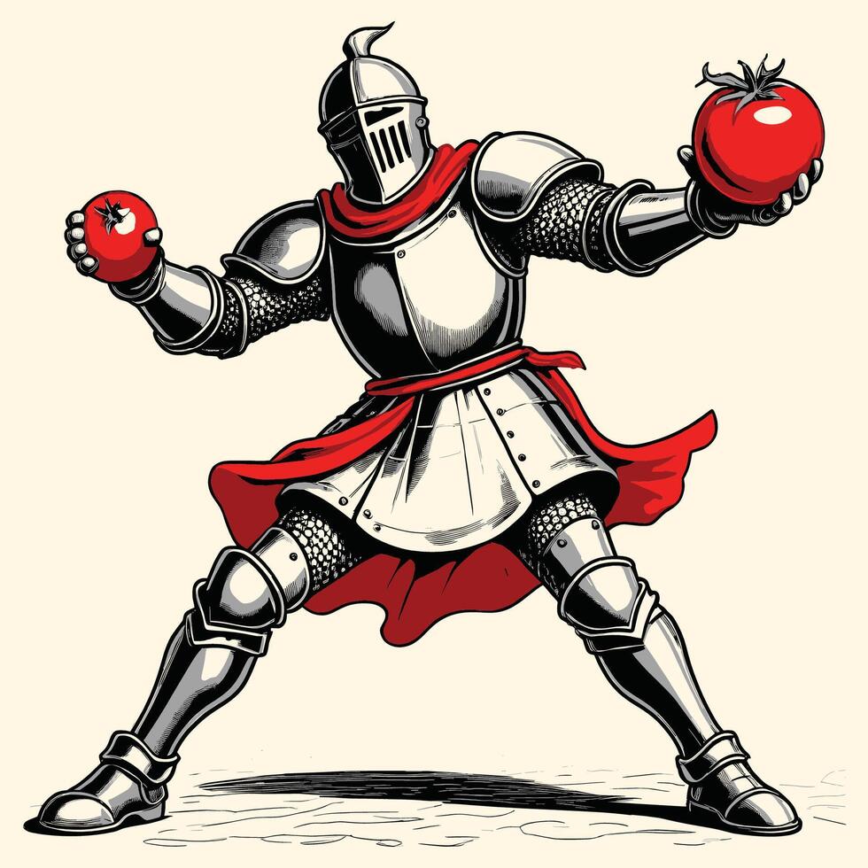 un' cavaliere lancio pomodoro e indossare medievale armatura inciso stile vettore