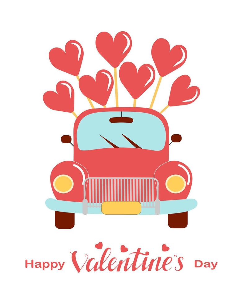 Vintage ▾ cartone animato auto con Palloncino cuori. San Valentino giorno sfondo, vacanza Stampa vettore