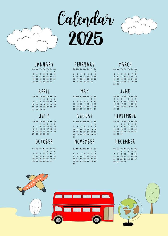 2025 tavolo annuale calendario settimana inizio su Domenica con viaggio quello uso per verticale digitale e stampabile a4 a5 dimensione vettore