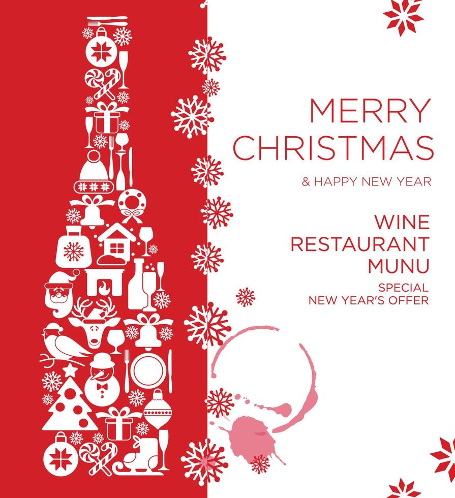 felice anno nuovo e buon natale ristorante menu carta poster design con bottiglia di champagne piatta con icona di natale e posto per il tuo messaggio di testo. vettore