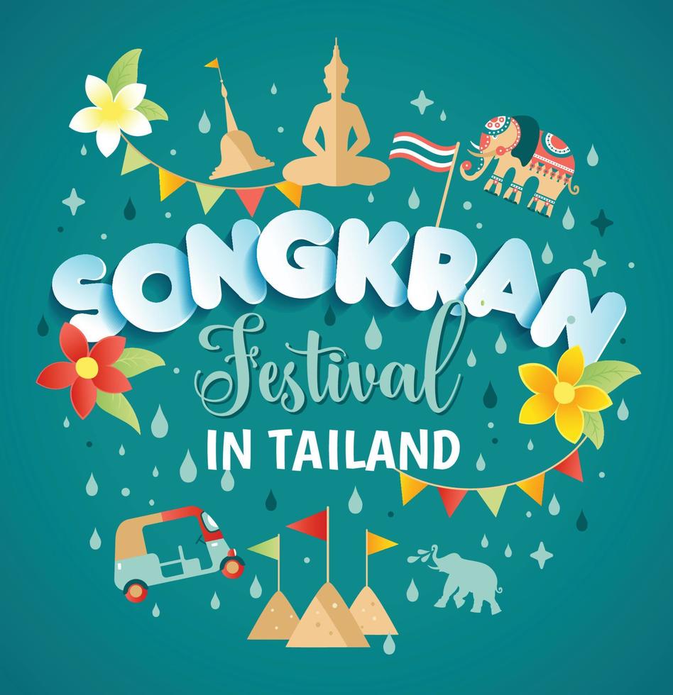 festival di songkran in thailandia di aprile, scritte in stile carta, su spruzzi d'acqua in un modello senza cuciture, fiori tropicali. illustrazione vettoriale. vettore