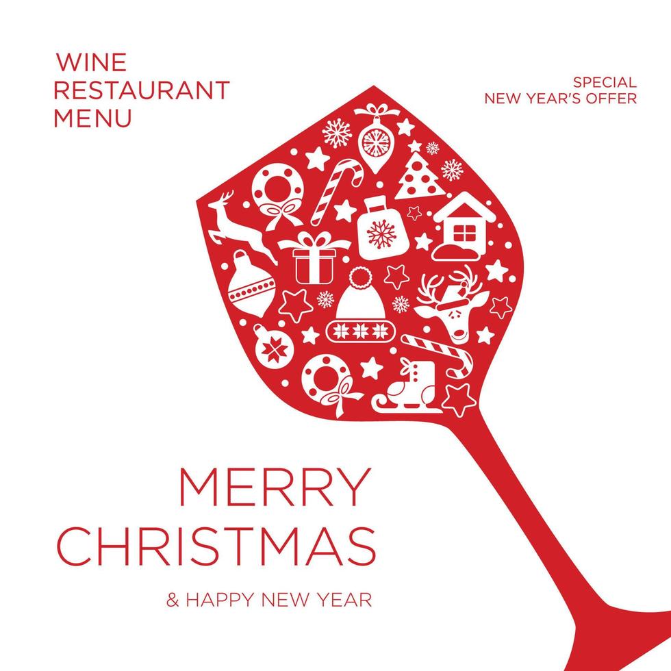 sfondo di Natale vacanza con due bicchieri di vino, icona del nuovo anno in bicchiere rosso. carta di disegno di natale di vettore. vettore