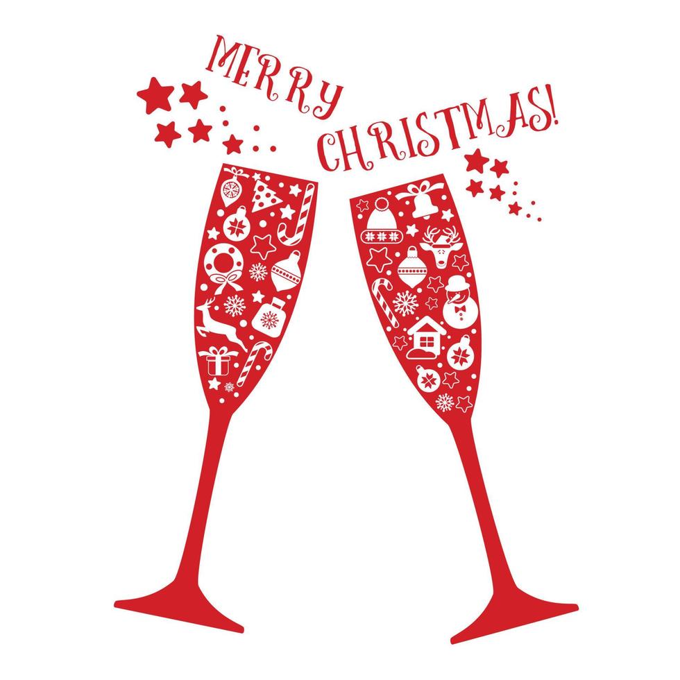 sfondo di Natale vacanza con due bicchieri di vino, icona del nuovo anno in bicchiere rosso. carta di disegno di natale di vettore. vettore