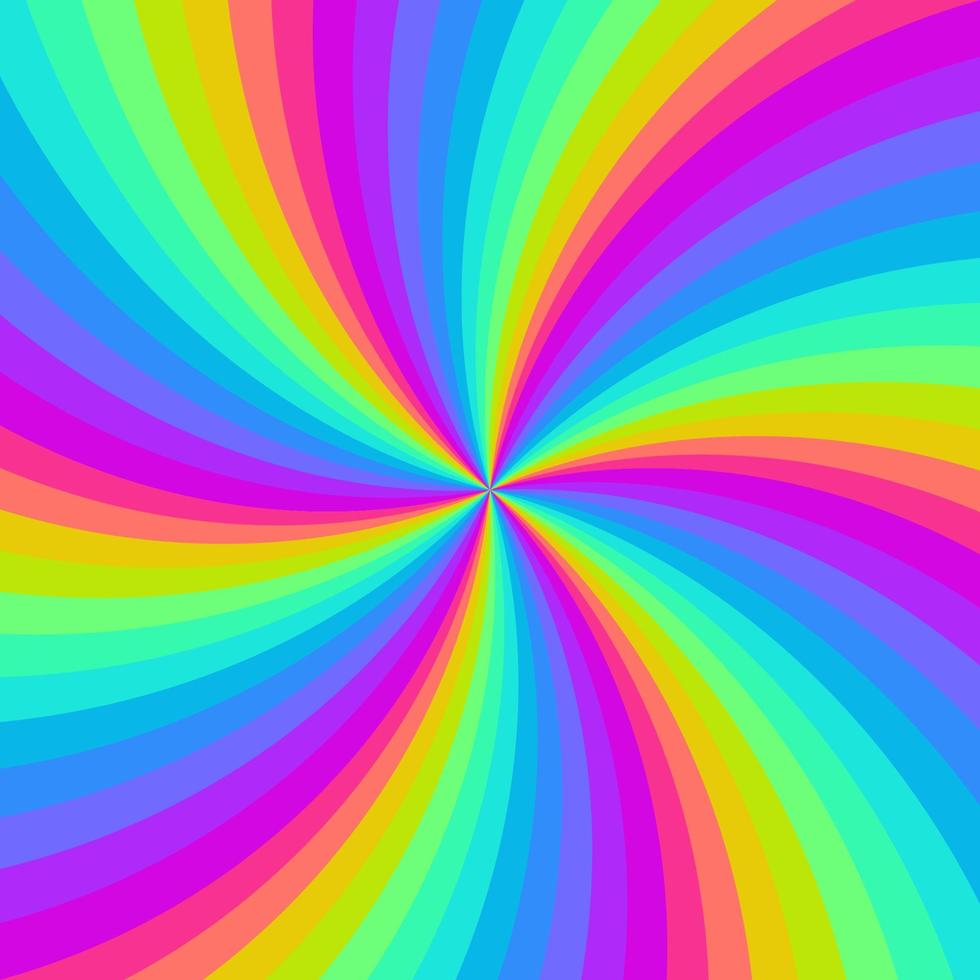 sfondo di turbinio al neon arcobaleno. arcobaleno gradiente radiale di spirale contorta. illustrazione vettoriale. vettore