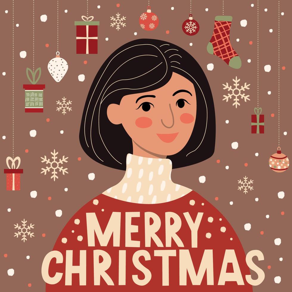 Natale e contento nuovo anno illustrazione nel piatto stile. ragazza con nero capelli nel caldo maglione, allegro Natale scritte, fiocchi di neve, i regali, Natale albero giocattoli. design modello, carta, striscione. vettore