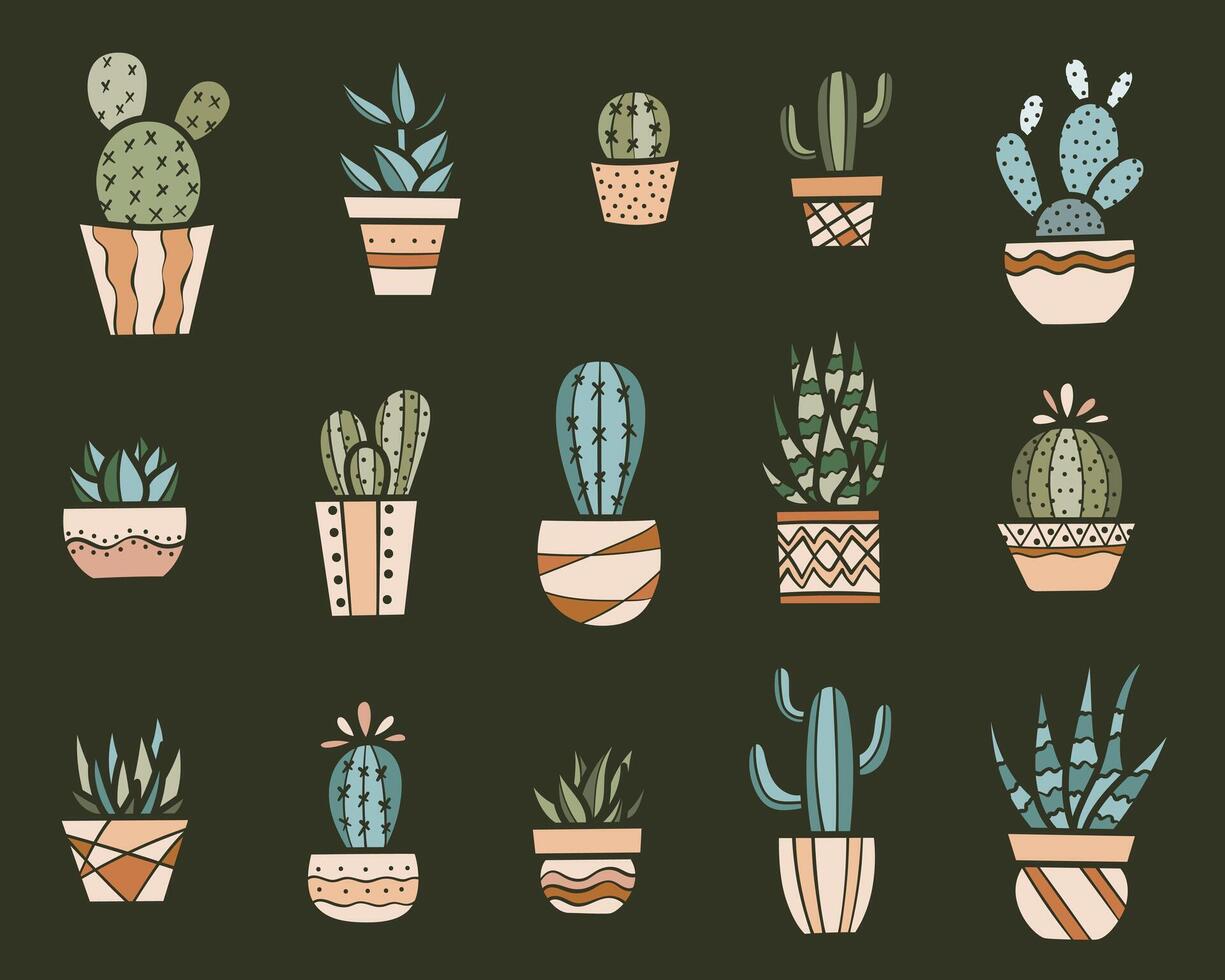 colorato cactus e altro piante d'appartamento clip arte impostare, mano disegnato sagome, decorativo elementi, isolato vettore