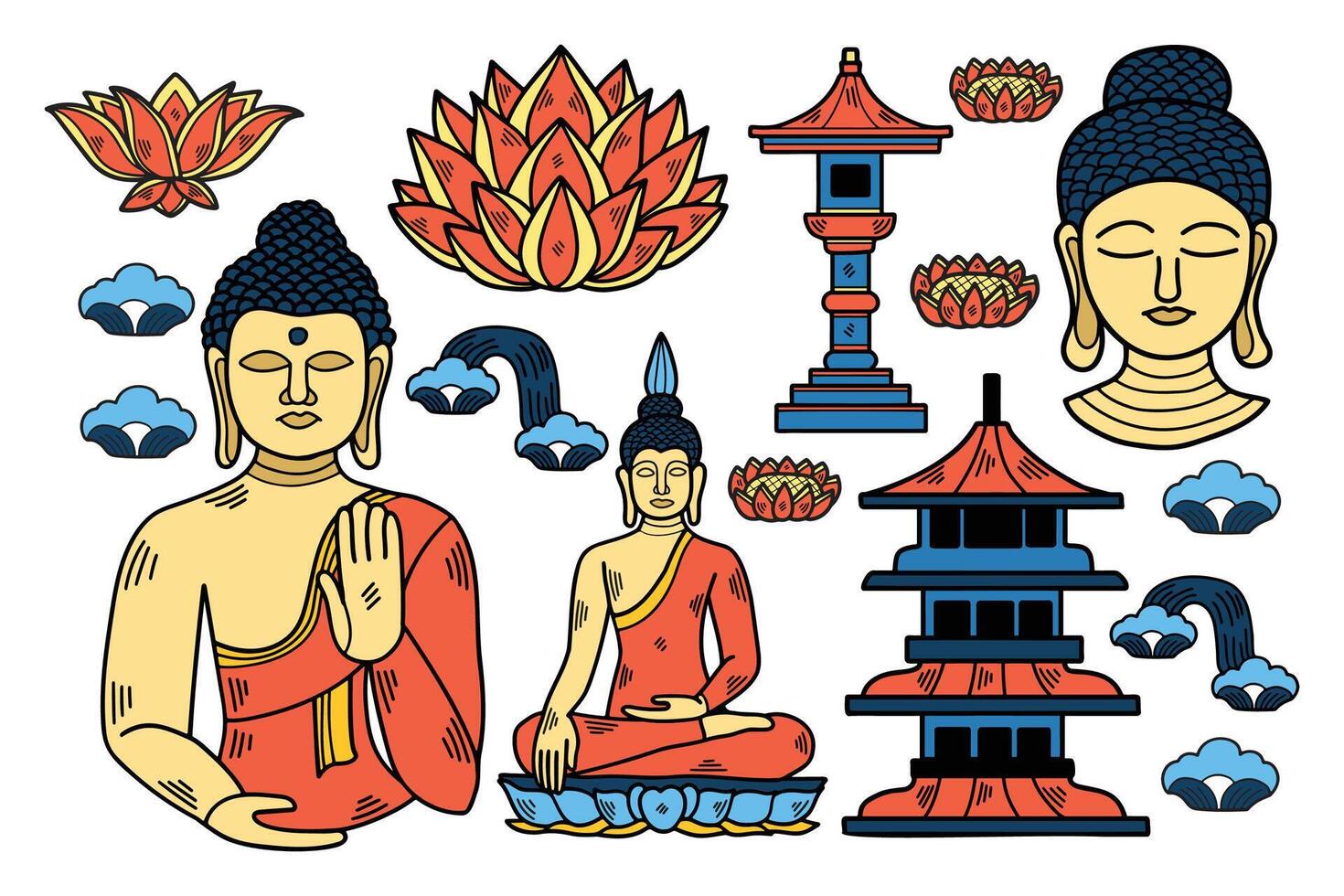 un' nero e bianca disegno di un' buddista monaco, un' loto fiore, e un' pagoda vettore