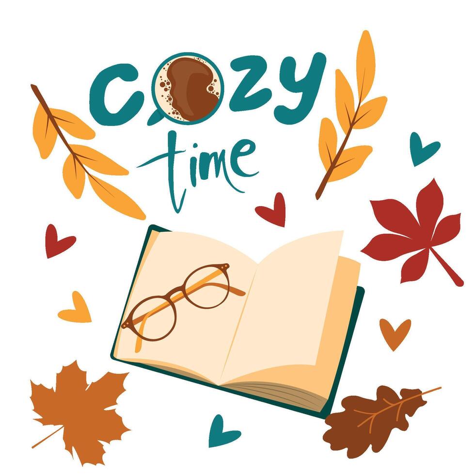 accogliente tempo lettering circondato di prenotare, tazza di caffè, autunno le foglie e occhiali. autunno accogliente umore. illustrazione nel piatto stile. vettore