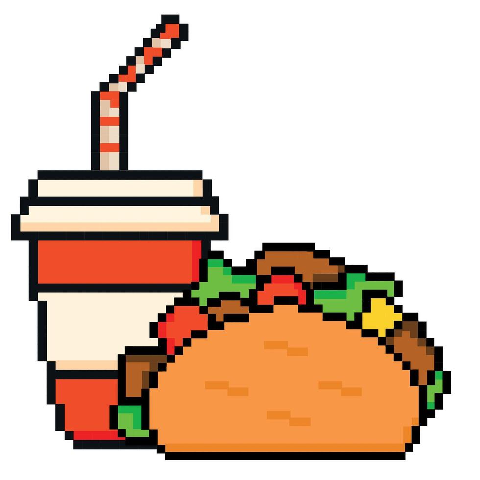 veloce cibo pixeled arte tacos e un' bere. di moda retrò pixel arte design stile. anni '80-'90, digitale Vintage ▾ gioco stile. Vintage ▾ gioco risorse 8 bit sprite. vettore