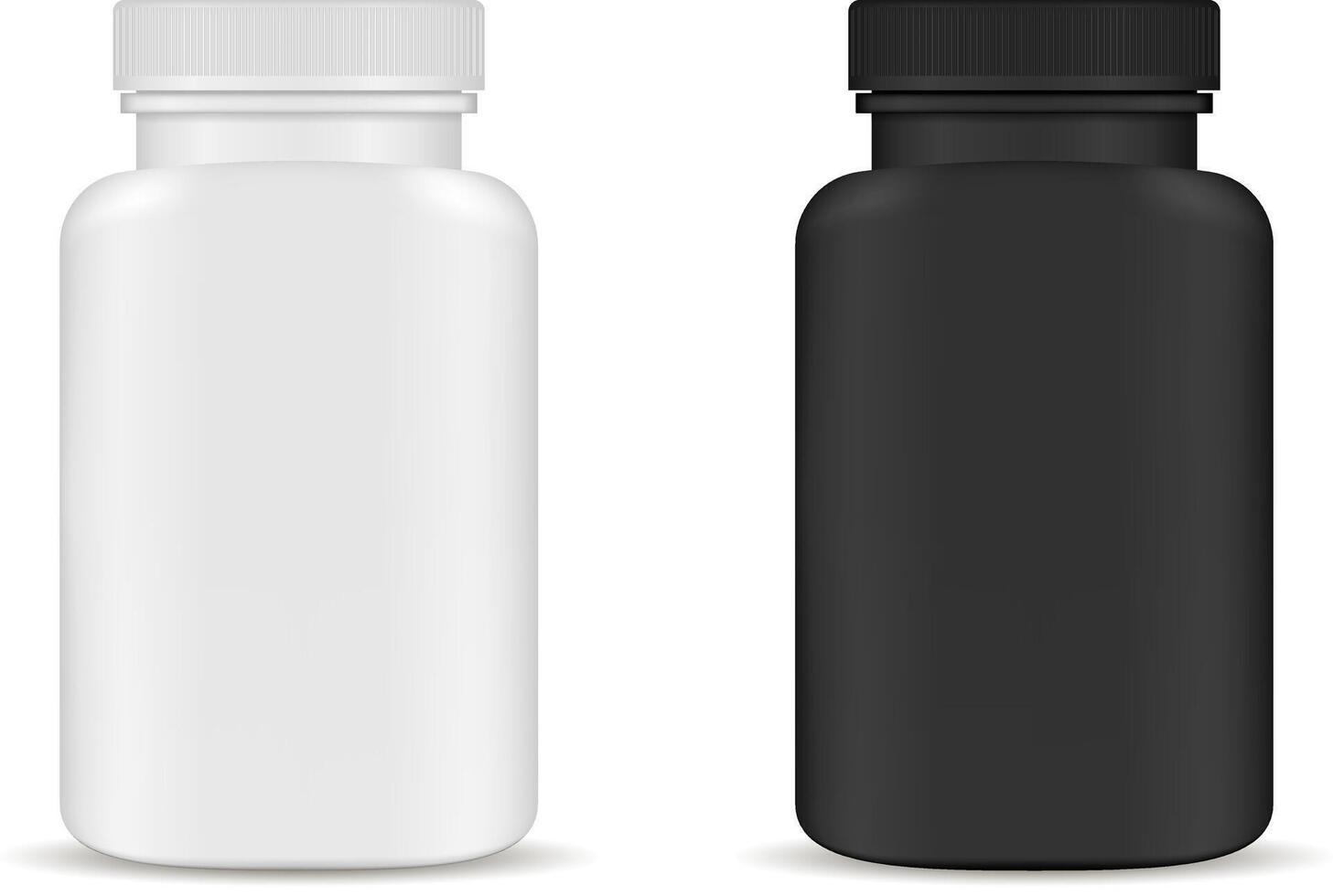 droga medico bottiglie impostare. nero e bianca 3d illustrazione. modello modello di medicina confezione per pillole, capsula, droghe. gli sport e Salute vita supplementi. vettore