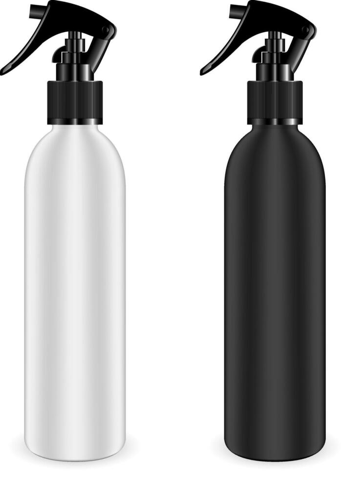 spray bottiglie impostato per cosmetico e altro prodotti. isolato nero e bianca vuoto contenitori modello con nero distributore testa. realistico modello. vettore