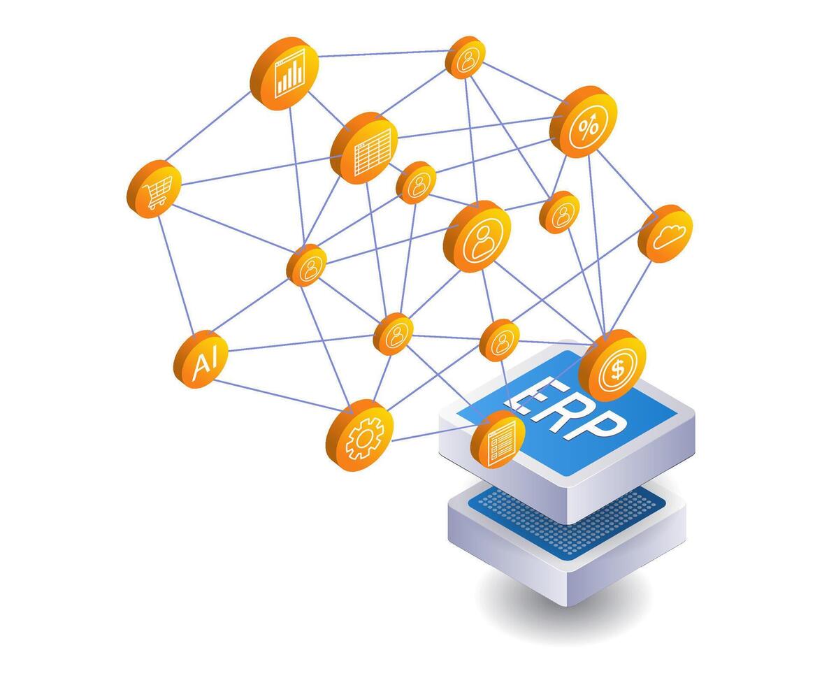 sociale media Rete erp attività commerciale Infografica 3d illustrazione piatto isometrico vettore