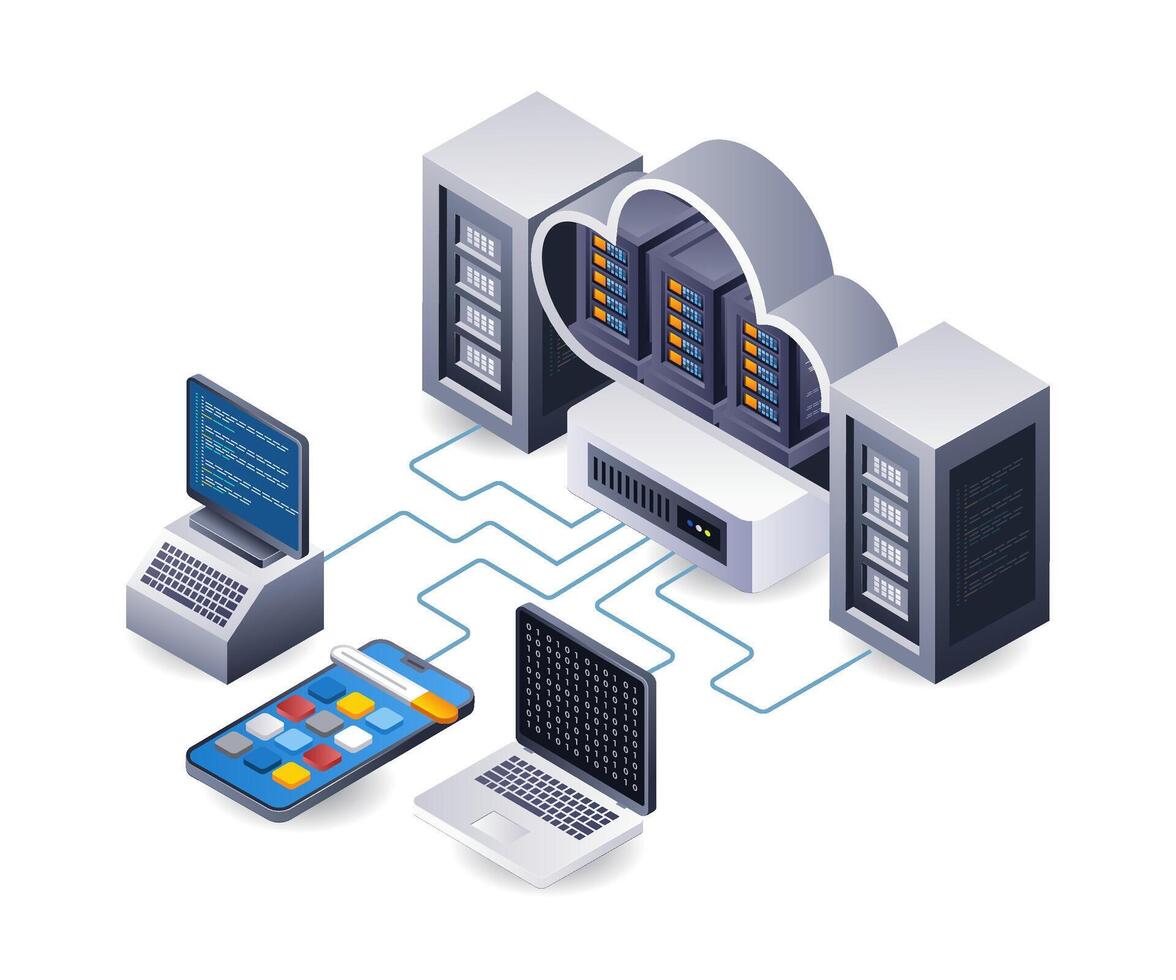 grande dati centro nube server tecnologia infografica piatto isometrico 3d illustrazione vettore