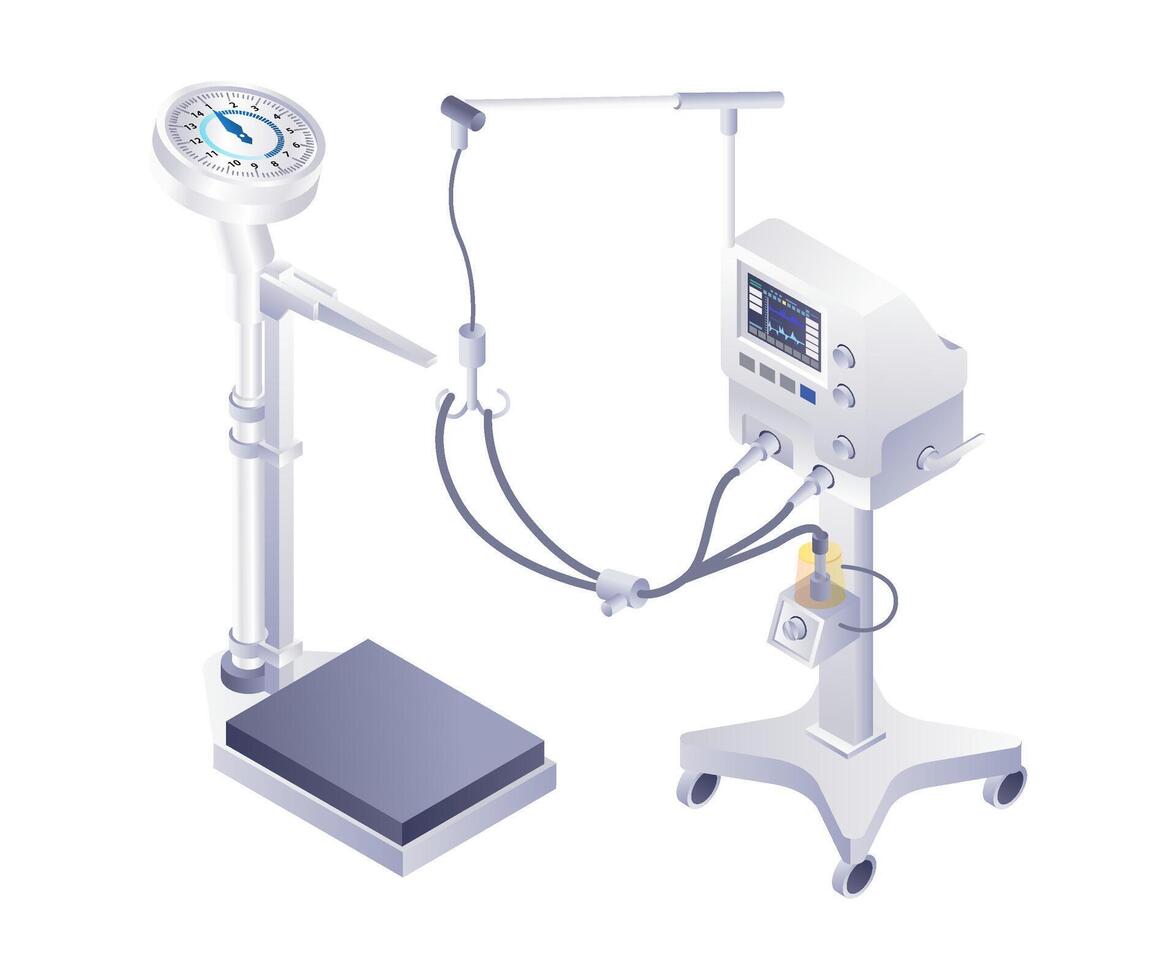 ospedale medico medico utensili tecnologia Infografica 3d illustrazione piatto isometrico vettore