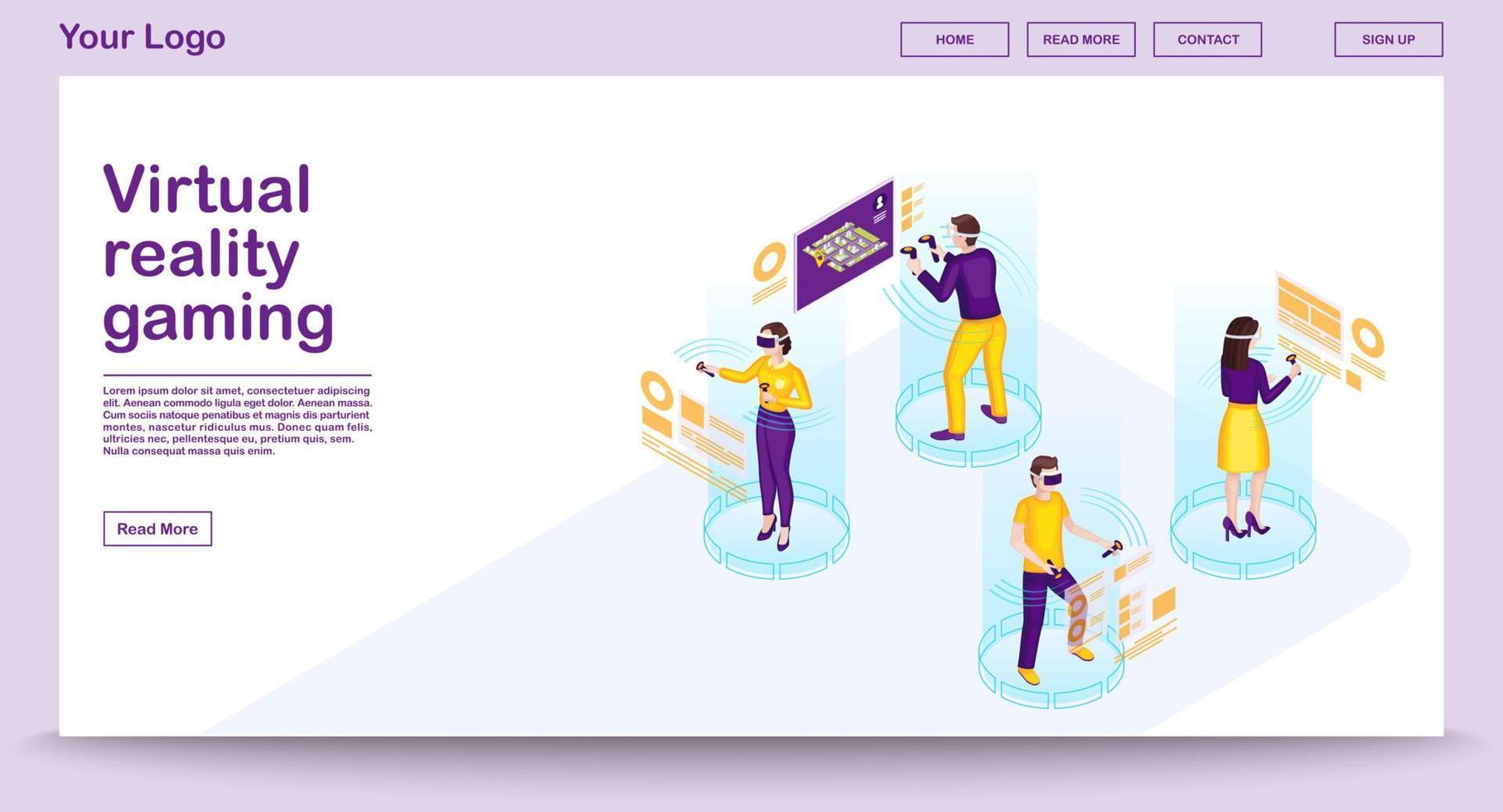 modello di vettore di pagina web di gioco vr con illustrazione isometrica. progettazione dell'interfaccia del sito web. tecnologia digitale futuristica. persone che giocano concetto 3d. giocatori di realtà virtuale, giocatori. idea banner web