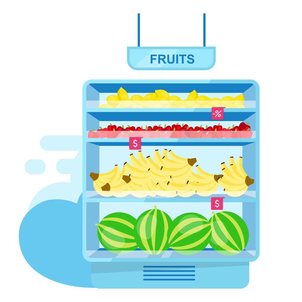 scaffale con frutta in negozio illustrazione vettoriale piatto. agricoltura e giardinaggio. frutta fresca matura alla bancarella del negozio. assortimento del mercato degli agricoltori. cibo sano al supermercato, grande scelta di prodotti biologici