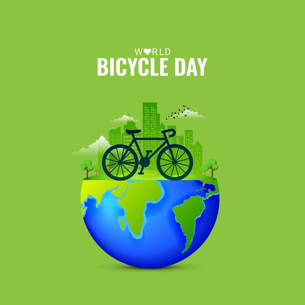 mondo bicicletta giorno creativo unico verde naturale ambientale eco amichevole concetto idea design. partire verde e Salva il ambiente. equitazione ciclo verde eco-friendly mondo. verde energia, Salva il terra vettore