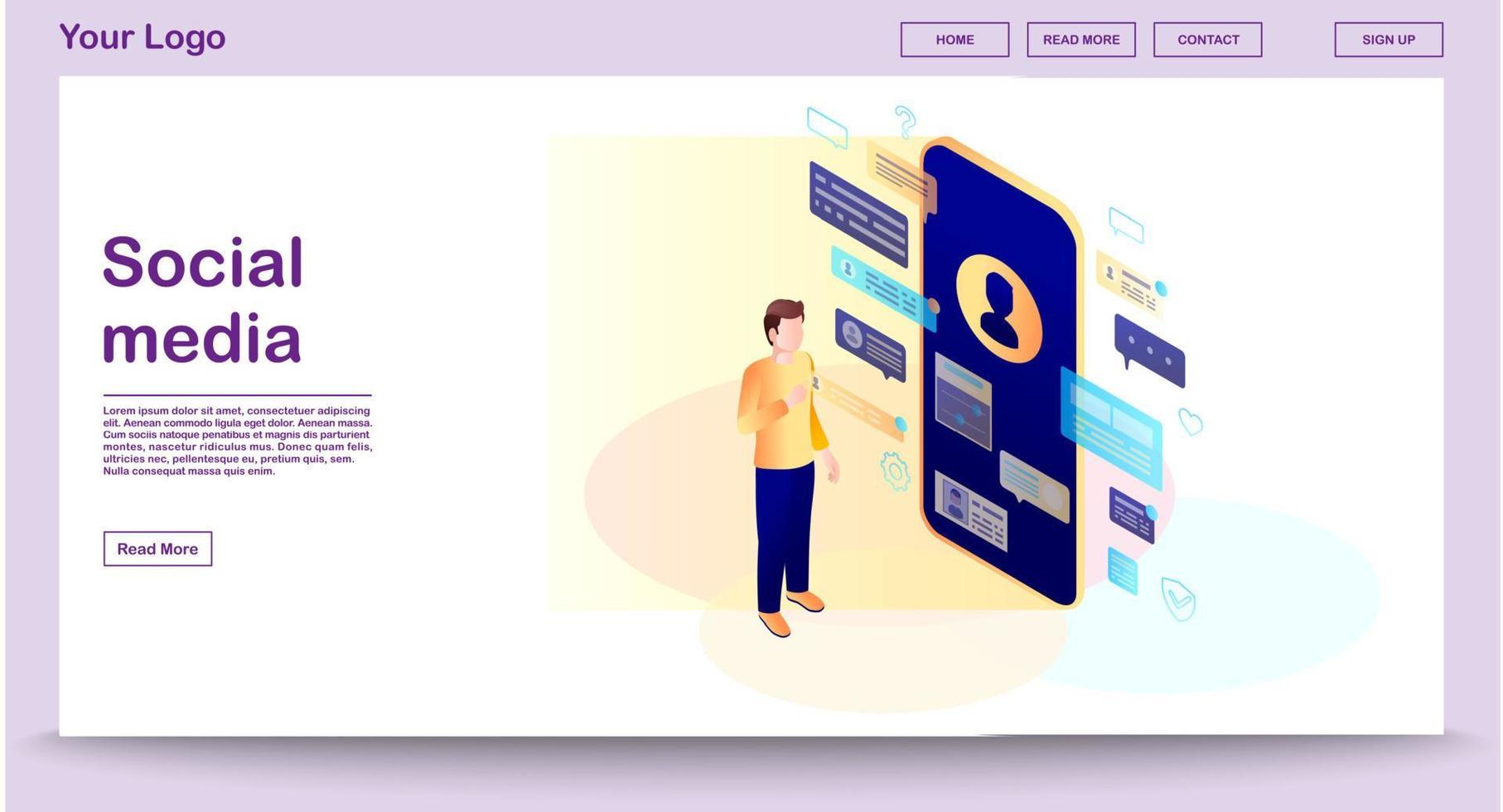 modello di vettore di pagina web di social media con illustrazione isometrica. progettazione dell'interfaccia del sito web. comunicazione on line. realtà aumentata. messaggero. chattare. pagina web, concetto 3d dell'app mobile