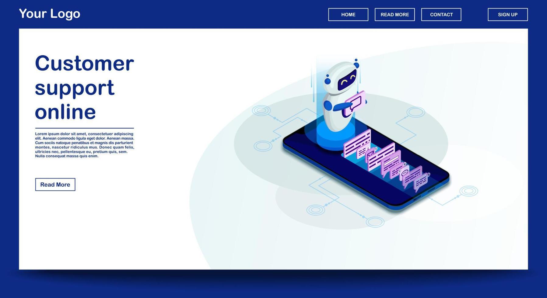 modello di vettore di pagina web chatbot con illustrazione isometrica. progettazione dell'interfaccia del sito web. commercializzazione futura. ai e affari. assistenza clienti in linea. iot 3d concetto. progettazione di app mobili