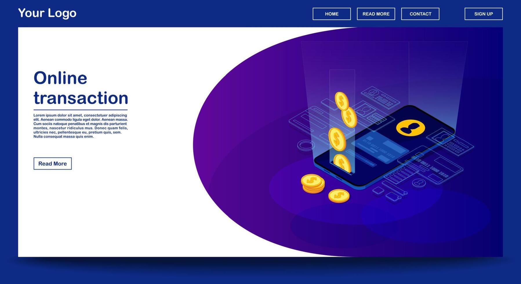 modello di vettore di pagina web di transazione online con illustrazione isometrica. progettazione dell'interfaccia del sito web. pagamento elettronico. servizi bancari per smarthpone. account utente del sistema di pagamento. inviare soldi. pagina web, concetto 3d dell'app mobile