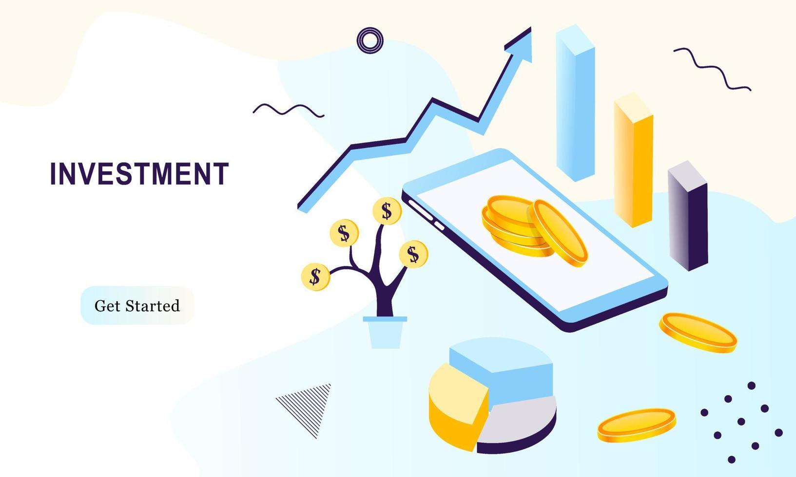 modello di investimento aziendale. investimento di denaro, reddito di portafoglio, guadagno di capitale, risparmio di denaro, analisi finanziaria e situazione di sicurezza. soluzione di commercio di pagine Web per l'illustrazione vettoriale di investimento.