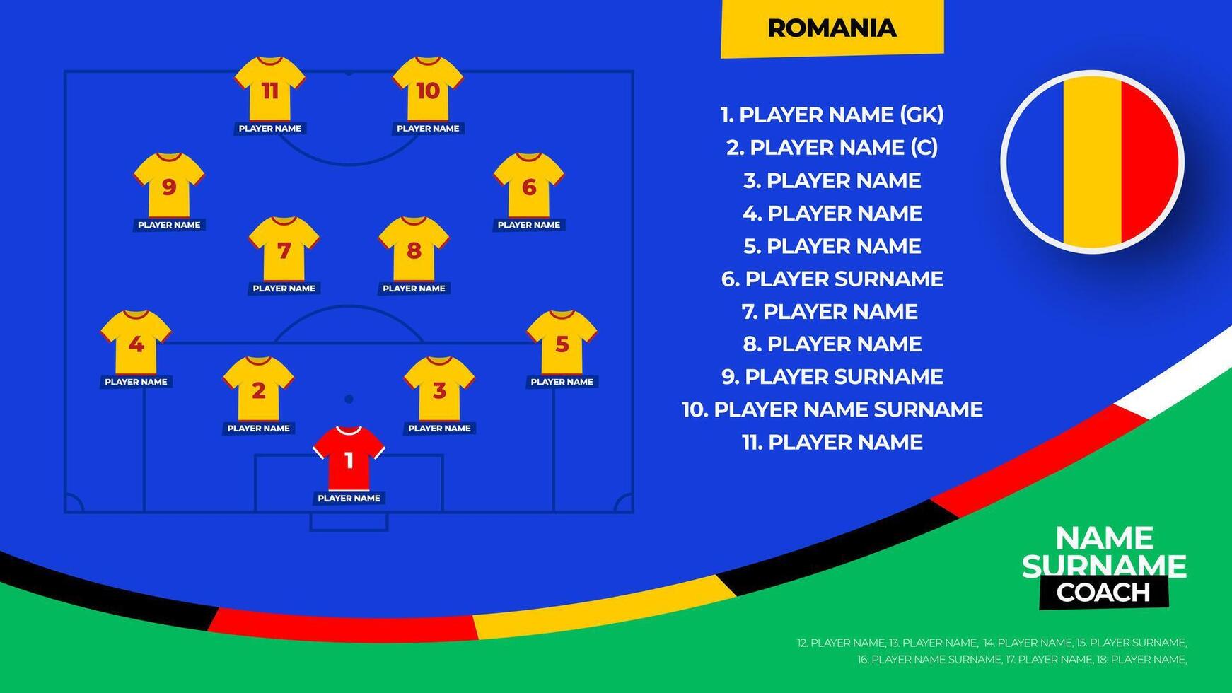 Romania calcio squadra di partenza formazione. 2024 calcio squadra allineare su archiviato calcio grafico per calcio di partenza allineare squadra. illustrazione vettore