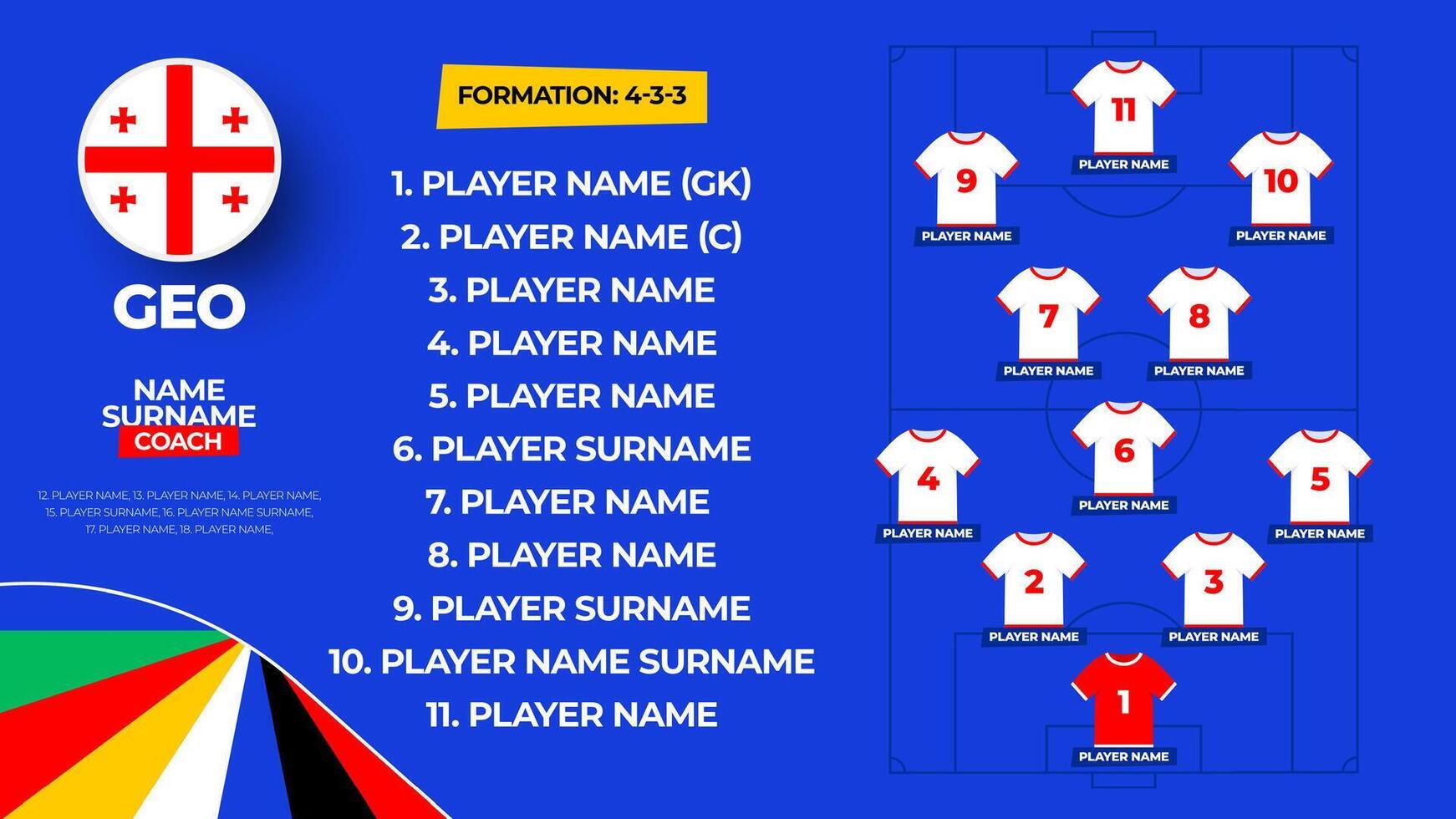 Georgia calcio squadra di partenza formazione. 2024 calcio squadra allineare su archiviato calcio grafico per calcio di partenza allineare squadra. illustrazione vettore