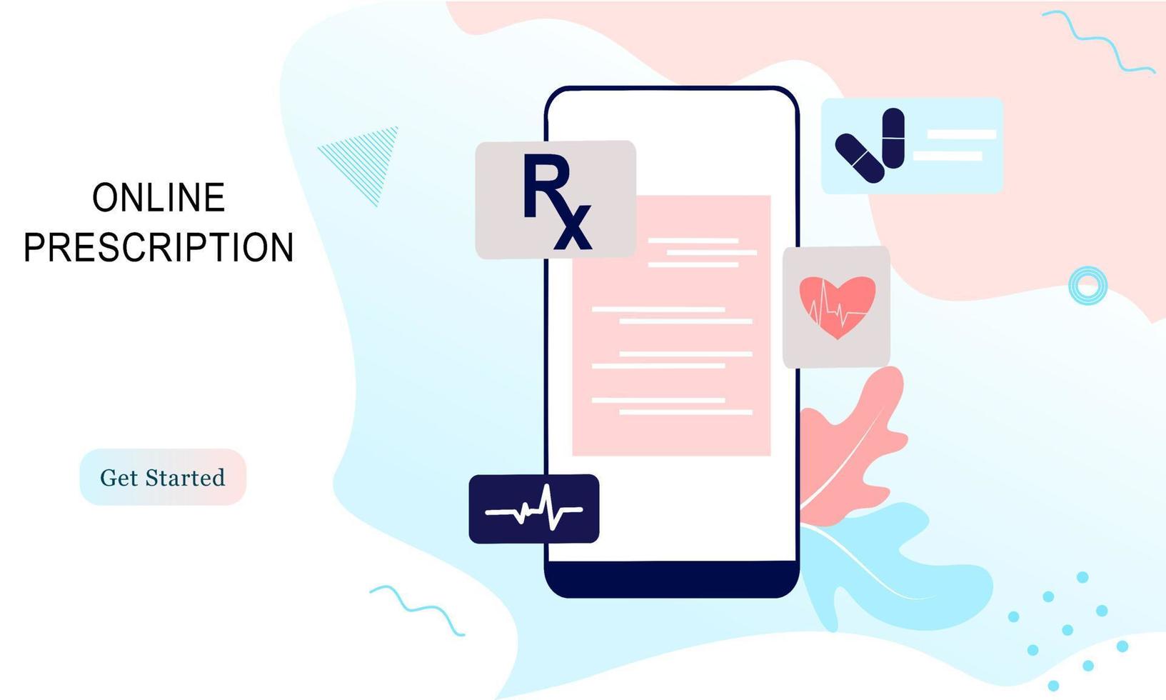 pagina di destinazione del documento digitale di prescrizione medica online o rapporto sui risultati dei test online sullo schermo del computer mobile. concetto di farmacia farmacia, diagnosi, ospedale. illustrazione vettoriale piatto.