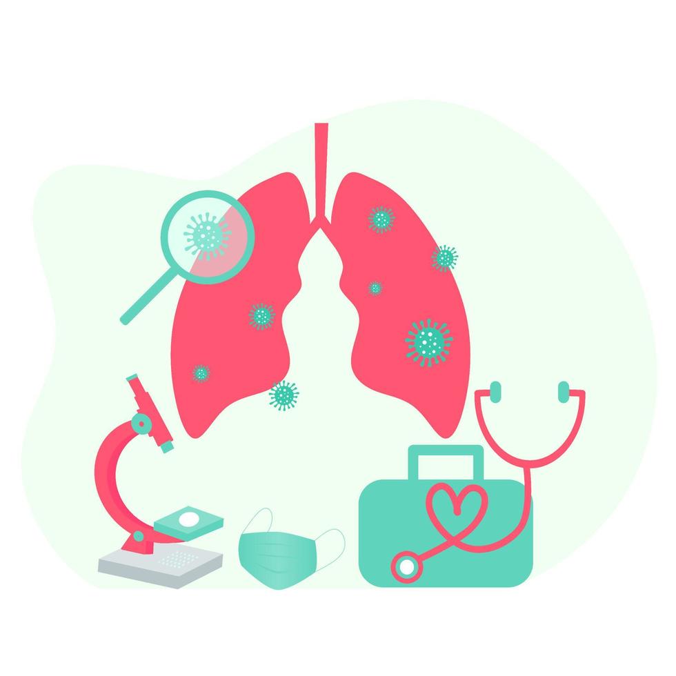 trattamento delle malattie respiratorie. ispezione polmonare. pneumologia dell'illustrazione vettoriale umana per sito Web, app, banner. fibrosi, virus, tubercolosi, polmonite, cancro, diagnosi del polmone che i medici curano