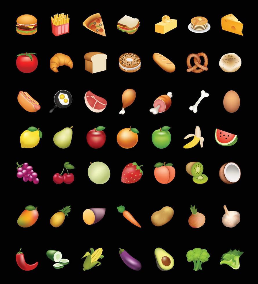 cibo e frutta emoji illustrazione. cibo e bevande, frutta simboli, emoji, emoticon, adesivi, icone la verdura, torte illustrazione piatto icone impostare, collezione, pacchetto. vettore