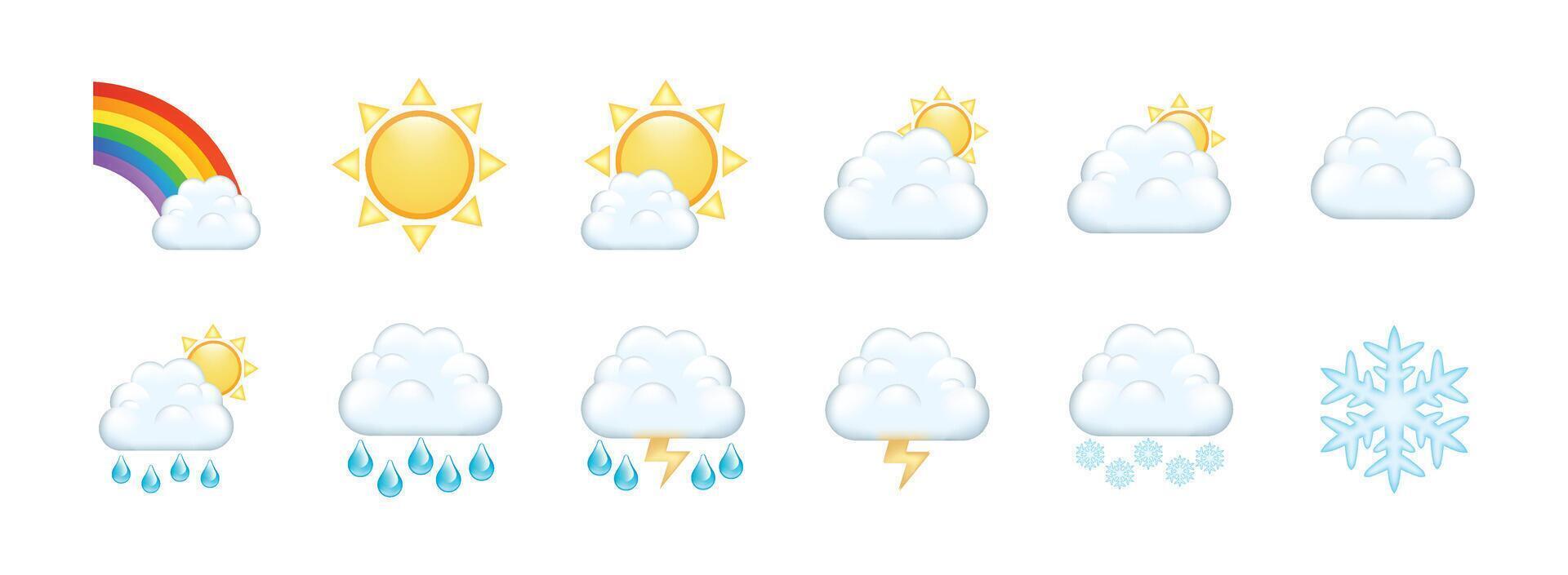 impostato di moderno tempo metereologico previsione icone con arcobaleno, nube, sole, piovere, neve, fulmine, salve. tempo metereologico previsione icone isolato su bianca sfondo. vettore