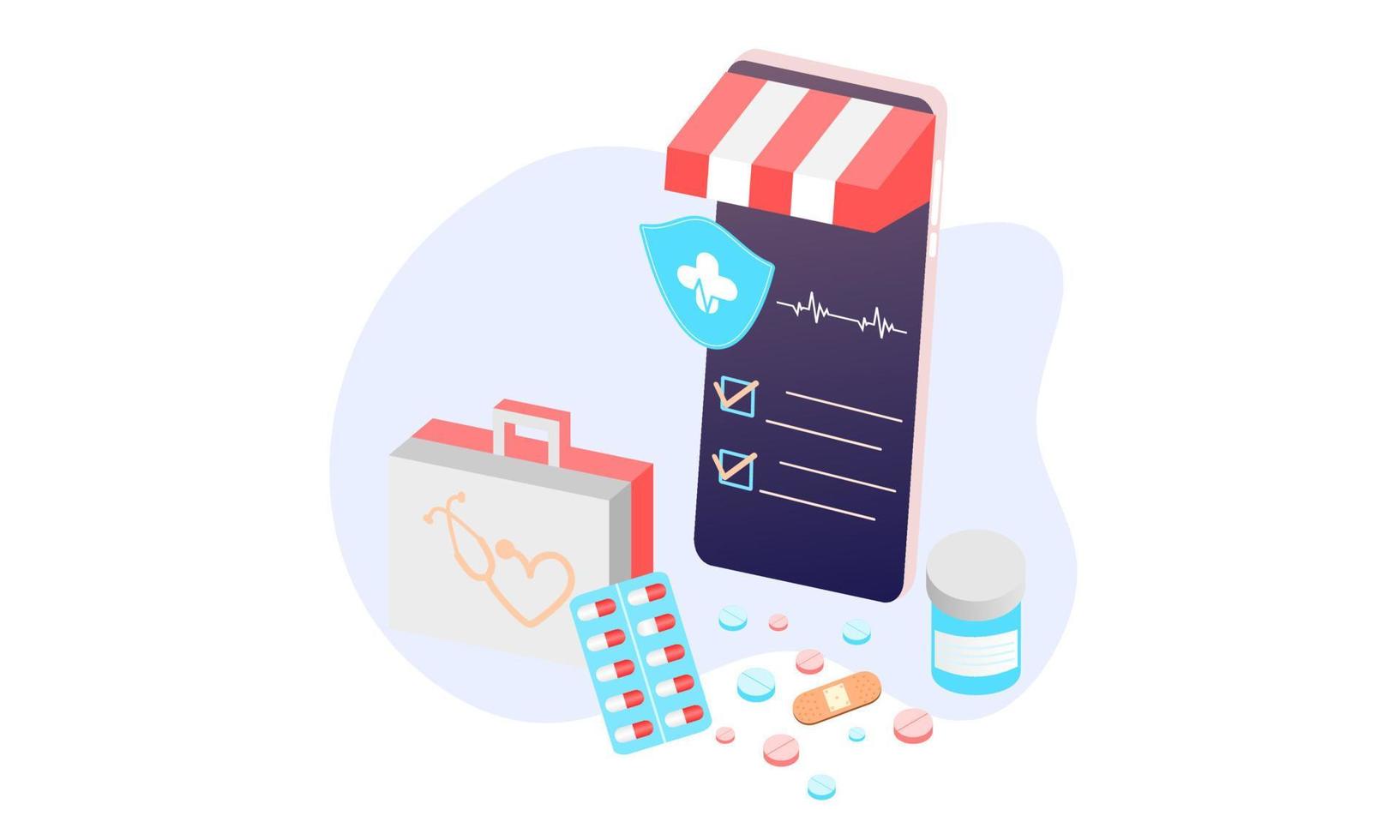 pagina di destinazione del concetto di app di farmacia, assistenza sanitaria, farmacia e e-commerce online. vettore di farmaci da prescrizione, kit di pronto soccorso e forniture mediche vendute tramite il web del computer o l'applicazione per smartphone