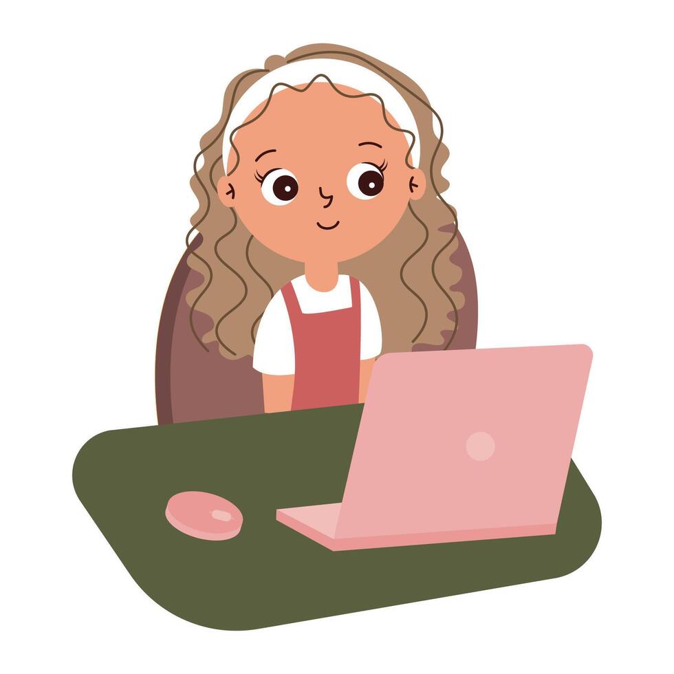 carino poco ragazza seduta a scrivania guardare a il computer portatile cartone animato illustrazione piatto stile vettore