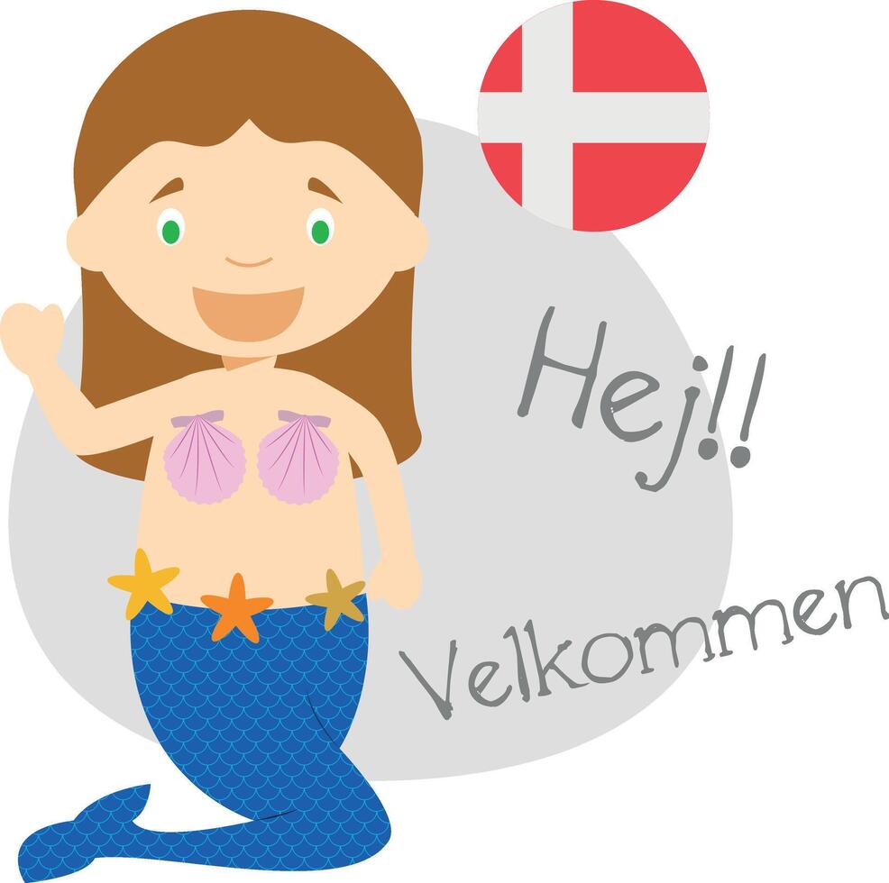 illustrazione di cartone animato personaggio detto Ciao e benvenuto nel danese vettore