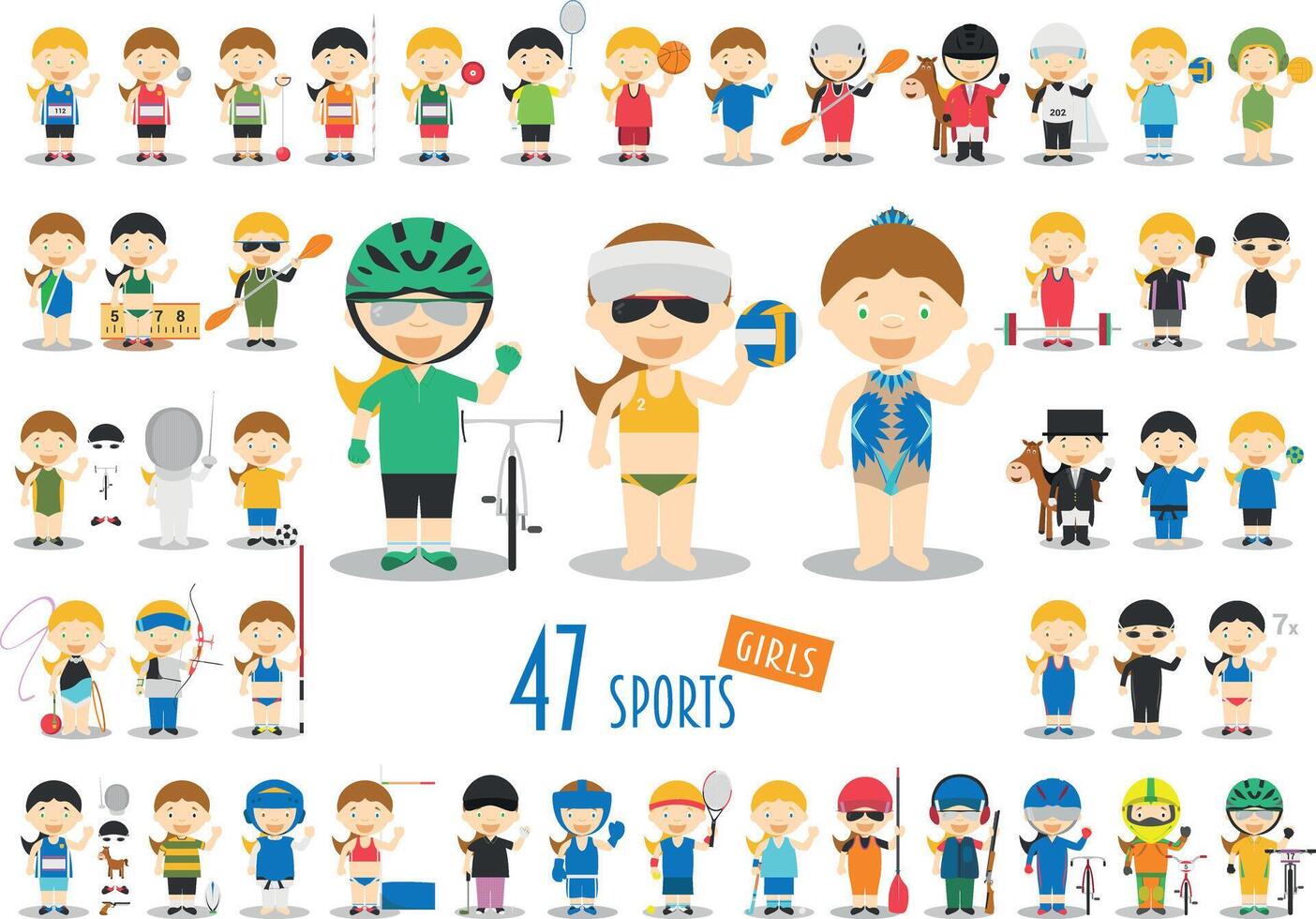 grande impostato di 47 carino cartone animato sport personaggi per bambini. divertente cartone animato ragazze. Olimpiadi gli sport illustrazioni vettore